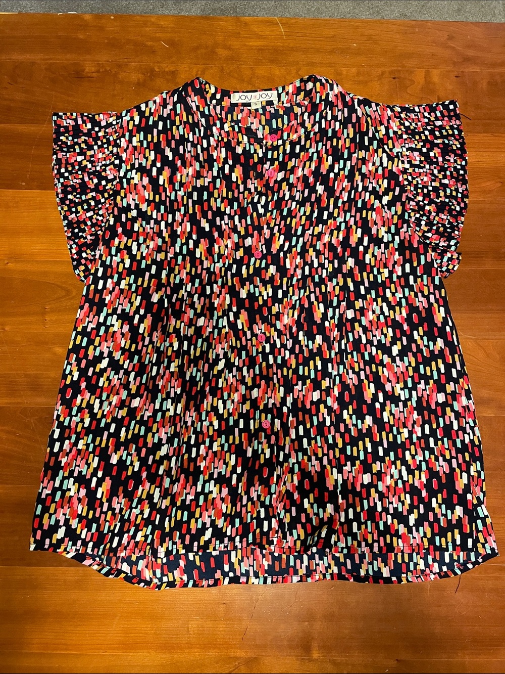 Joy Joy Multicolor Dash Print Flutter Cap Sleeve Blouse